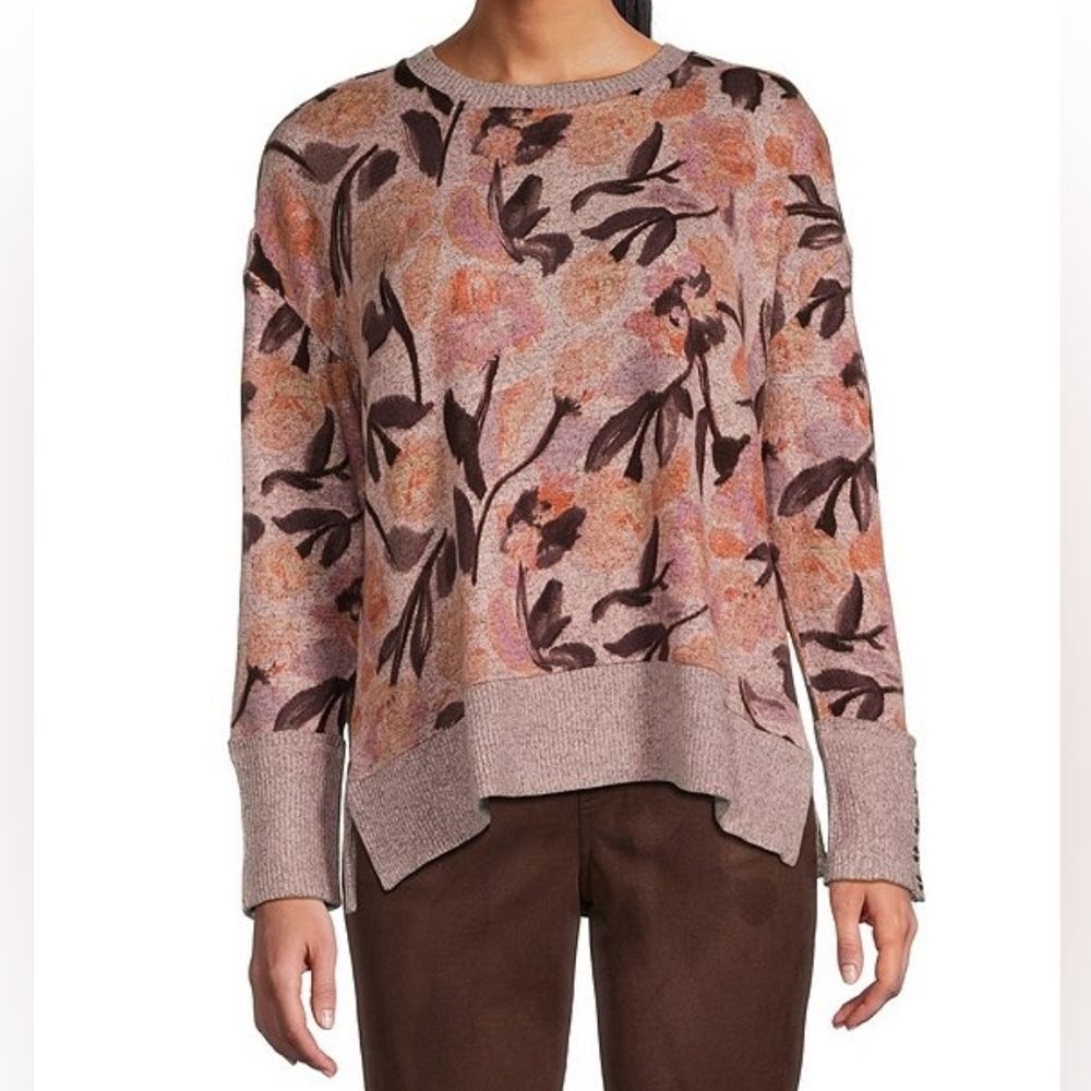 Westbound Knit Sweater Top Womens Size XL Pink Brown Floral Granny Grandma Retro